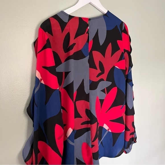 NWT Loft‎ Outlet Women’s Floral Ruffle Sleeve Round Neck Blouse Blue Red Small - Picture 4 of 9